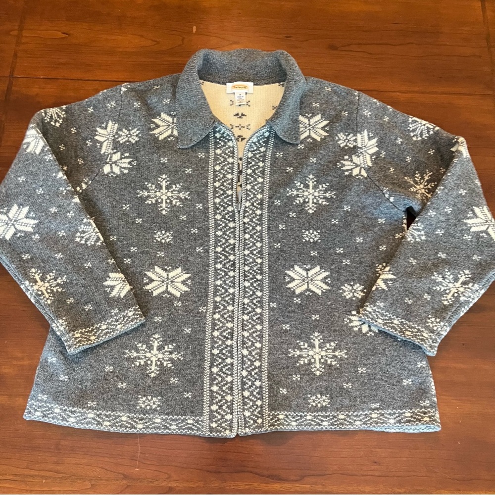 Talbots Wool Sweater Snowflake Zip up Cardigan Gray Sz Medium